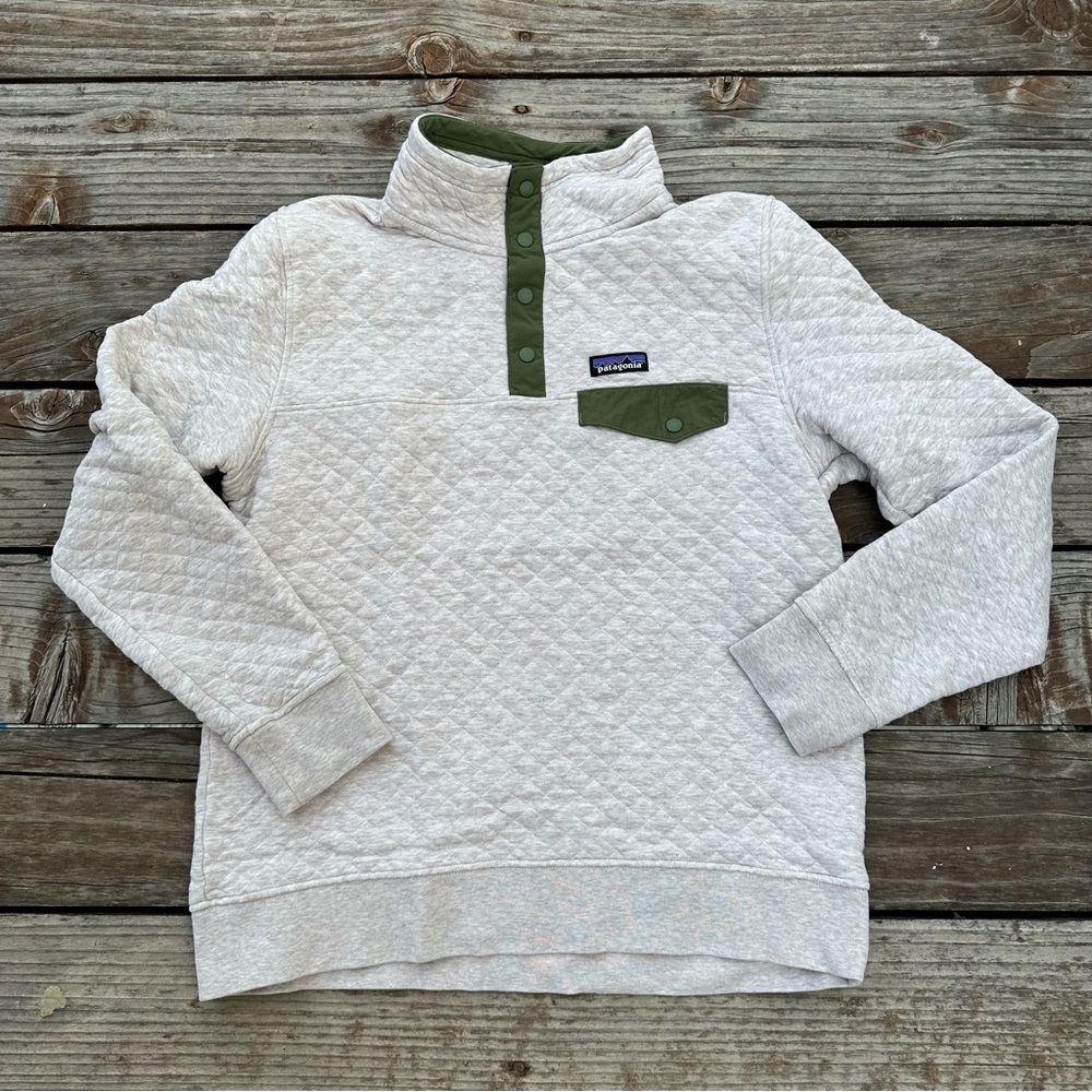 Patagonia Cotton Quilt Snap-T Pullover Sweater Oatmeal Olive Green Medium